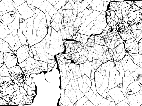 Old concrete wall with cracked flaking paint, closeup of cracks and fissures of peeling paint on a transparent background