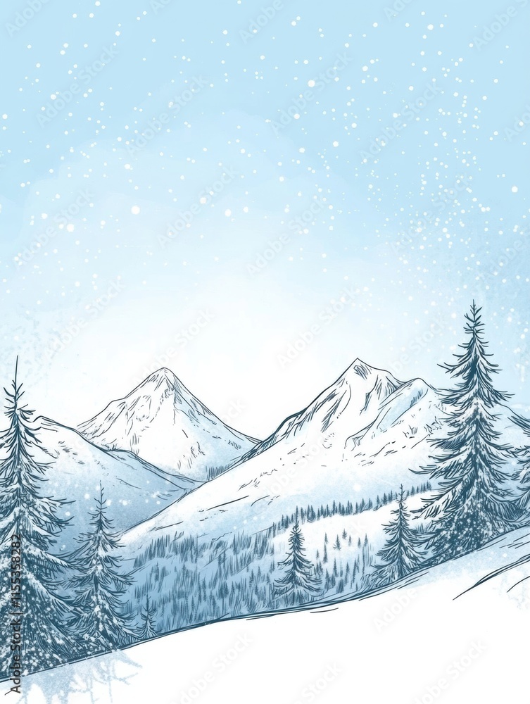 Aufkleber winter doodle featuring snowy mountains and pine trees with ample copy space in a minimalist style. 