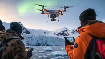 A scientific expedition in Antarctica, with researchers using drones to map the melting glaciers and the aurora shimmering overhead.