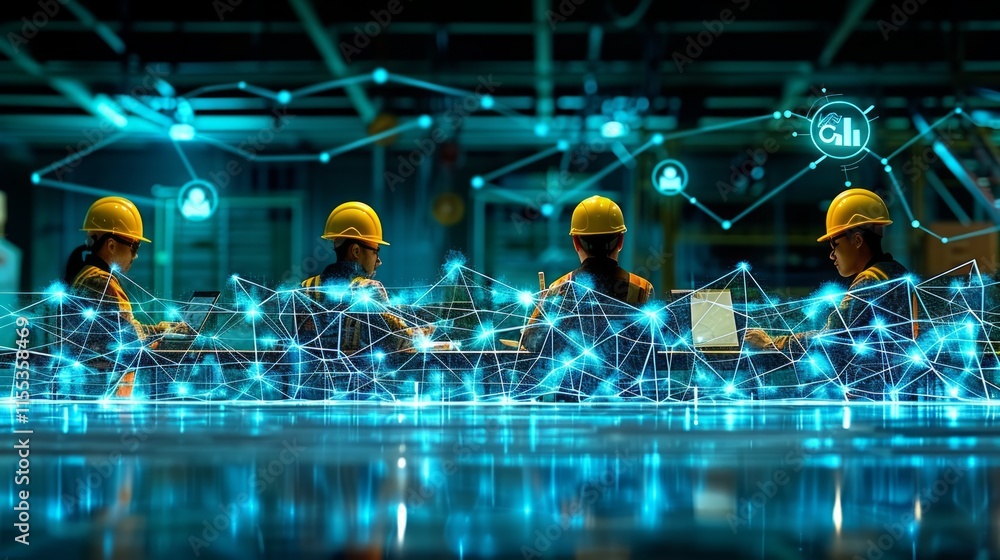 Poster connected workers collaborate on laptops in a modern factory, data network visualization.