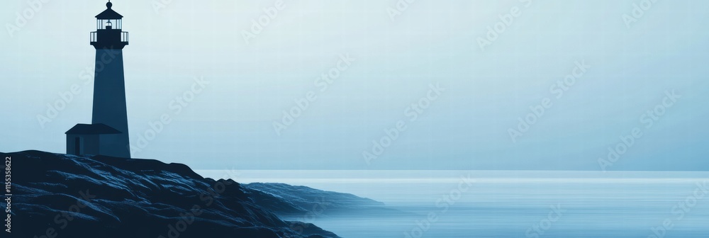 Aufkleber Silhouette of a lighthouse on a rocky coast at dusk with minimalist design and copy space for text. Generative AI