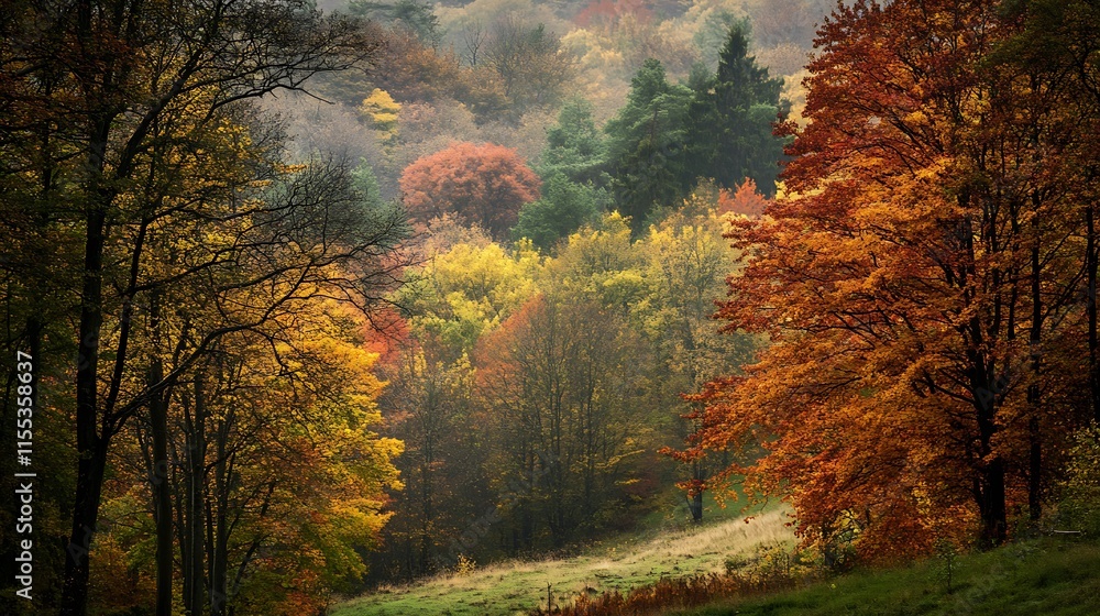 Poster Vibrant Autumn Forest Scene with Colorful Foliage and Trees : Generative AI