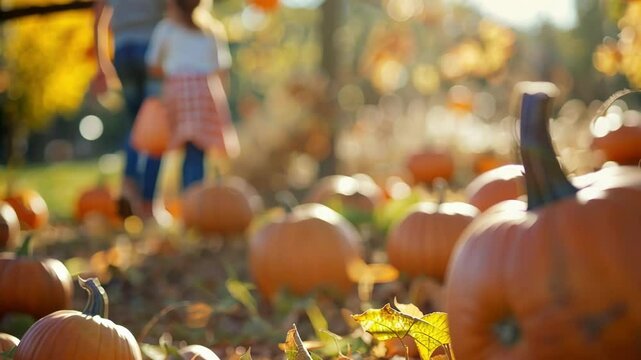 Softly blurred families creating autumn memories in a pumpkin patch.