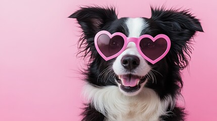 Fototapeta premium Cute Valentine's Day concept: Border Collie with pink heart glasses, set against a soft pink background.