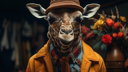 Portrait of a giraffe wearing a hat and sunglasses in a leather jacket