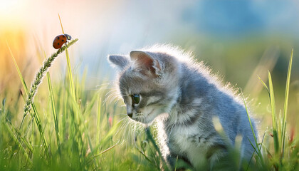 A small gray kitten crouches among lush tall grass, intently swiping at a bright ladybug. The warm hues of sunset create a magical atmosphere in this playful moment