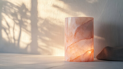 A cylindrical stand made of polished rose quartz material, with subtle translucent effects and illuminated by diffused cool white lighting, on a pristine white background. Artistic focus on clarity an