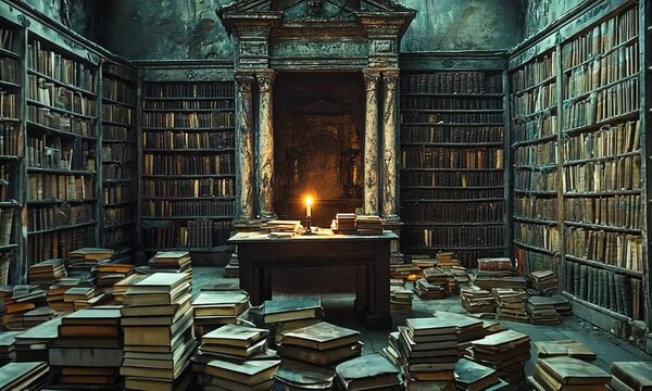 A dimly lit library filled with old books and a glowing candle.