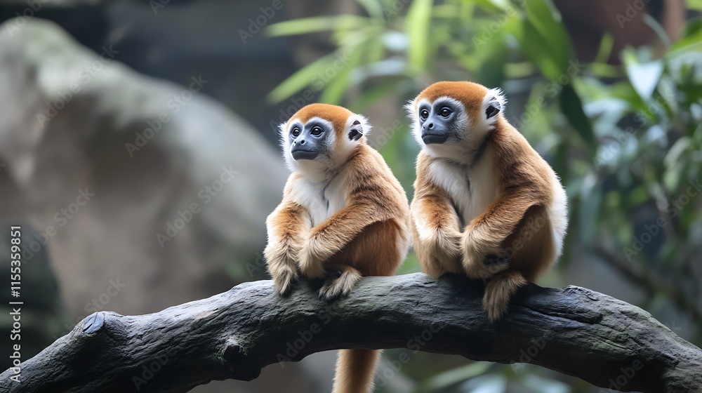 Poster two golden monkeys sitting on a tree branch in lush green forest observing natural habitat : generat