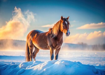 Obraz premium Majestic Winter Horse: Snow Covered Equine Photography, Snowy Horse Pictures, Horse in Blizzard