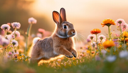 A small rabbit hops mid-air in a colorful field filled with wildflowers, its soft fur glowing in the warm light of sunset. Nature showcases its beauty as the rabbit plays