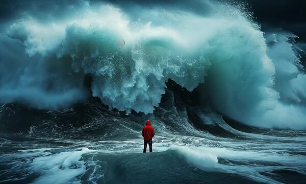 A person in a red jacket stands before a massive wave.