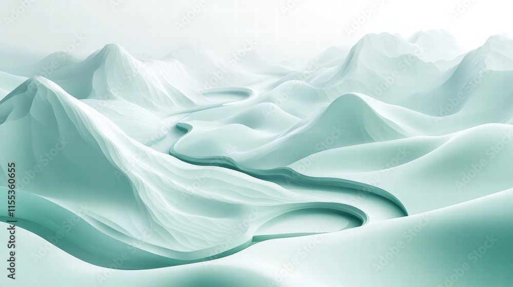 Poster Winding river flows through a serene mountain range in minimalist style ready for text or design elements. Generative AI