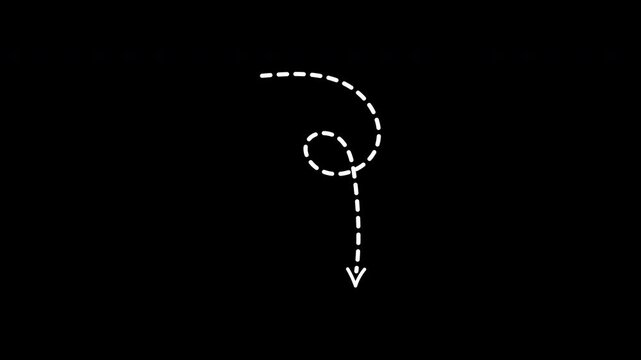 Down arrow direction with dotted line animation. white arrow on transparent background. 4k Video