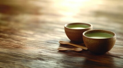 Two small cups of green tea on a wooden table.