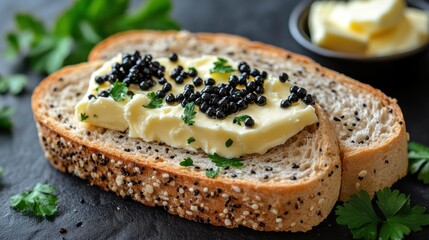 Two slices of whole wheat bread topped with butter, caviar, and fresh parsley.