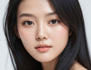 Obraz premium Portrait of a beautiful young Asian woman with fresh clean skin and long thick black hair