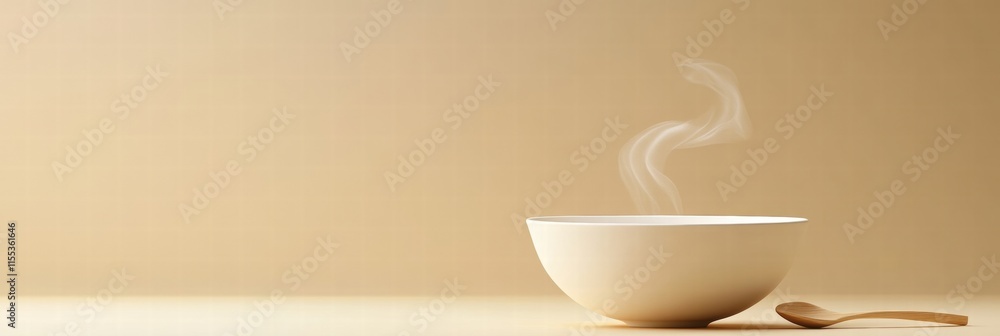 Aufkleber warm bowl of soup with steam rising and a spoon resting beside it, minimalist design with copy space