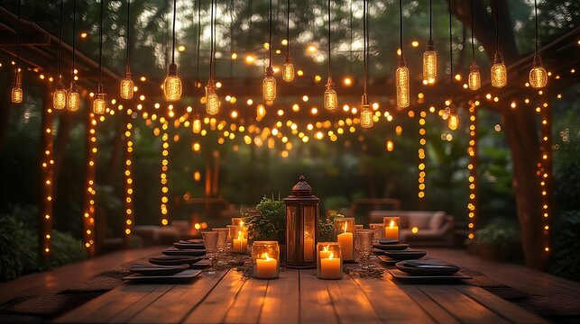 Romantic outdoor dinner party with string lights and candles.