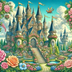 Whimsical Castle Garden Surrounded by Blooming Roses and Clouds. Created with Generative AI Technology