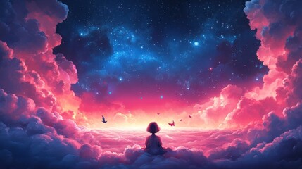 Obraz premium A serene figure gazes at a vibrant cosmic sky filled with stars and colorful clouds.