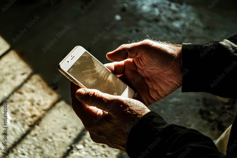 Poster man using a smartphone at a creative workspace.