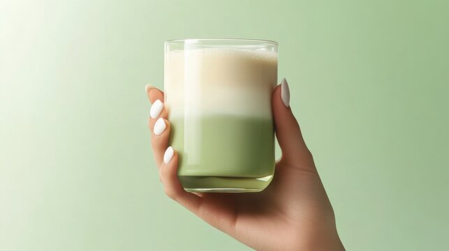 Close-up of a hand holding a layered matcha latte with a green background