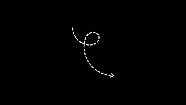 bottom right direction dotted line arrow animation. white arrow on transparent background. 4k Video