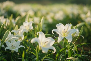 Obraz premium Beautiful white lilies blooming in a field, illuminated by warm sunlight