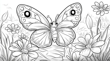 Coloring page of Beautiful Butterfly Outline with Flowers in a Garden Setting