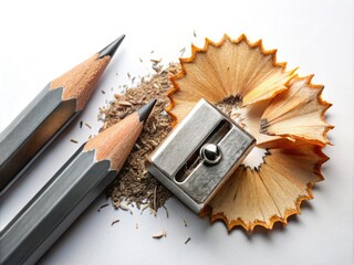 Graphite Pencil Sketching Still Life: Sharpener, Pencil Shavings, Flat Lay Photography