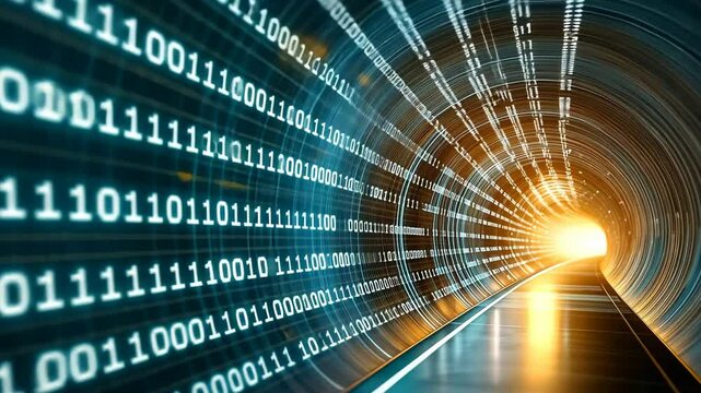 A futuristic and mesmerizing neon digital binary tunnel background designed for network big data data center server internet digital events