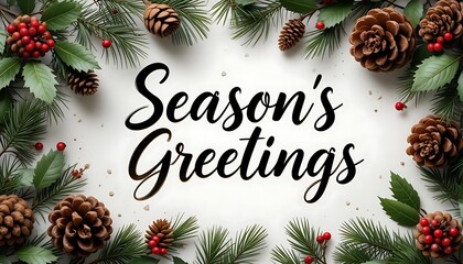 Festive Season Greetings Decorated with Pine Cones and Holly