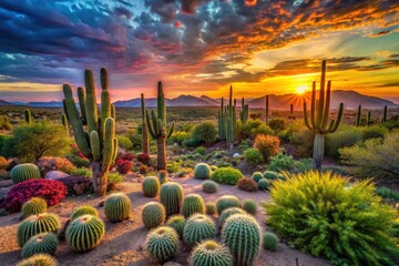 Panoramic Desert Garden Cactus Landscape Photography - Stunning Sunset Views, Blooming Prickly Pear, Southwest USA