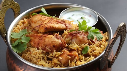 Fototapeta premium Flavorful biryani rice with marinated chicken, caramelized onions, and saffron, served in traditional copper handi with raita on side