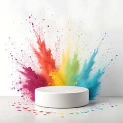 festive template for indian festival of colors holi, empty white round podium in the center among splashes of colors, background for card