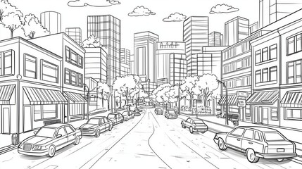 Fototapeta premium Coloring page of Urban Cityscape Line Drawing with Skyscrapers and Street View