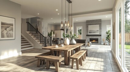 Fototapeta premium Modern open-concept dining room interior with natural lighting