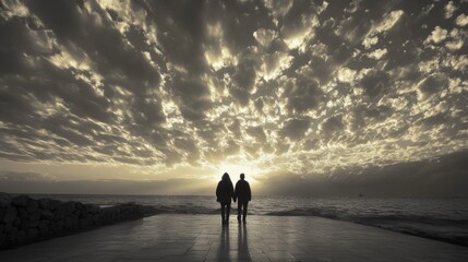 Fototapeta premium Two people walking on a beach under dramatic cloudy sky