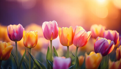 A stunning display of tulips showcases vivid hues of pink, yellow, and orange, their delicate petals illuminated by the golden light of dusk in a charming garden setting