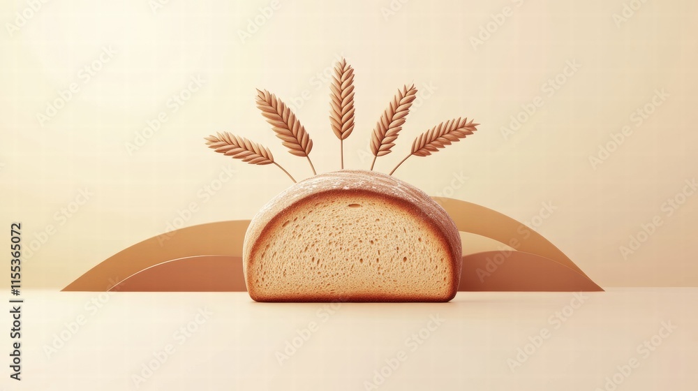 Fototapete minimalist bread loaf with wheat grains on a simple background for copy space and mock up design. ge