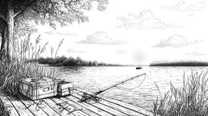 Fototapeta premium Coloring page of Tranquil Fishing Scene by the Lake with Rod and Lure on Dock
