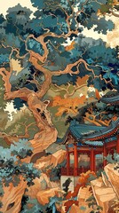 Fototapeta premium Traditional garden Dunhuang style illustration poster background