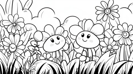 Fototapeta premium Coloring page of Cheerful Flowers with Smiling Faces in a Black and White Garden