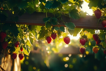 Close-up of vibrant strawberries growing against lush green leaves