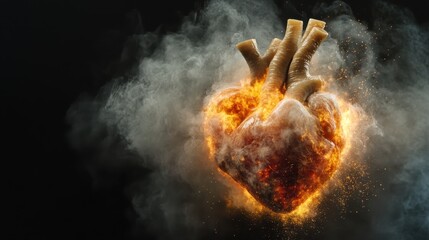 An anatomically styled heart bursts with orange flames, veiled in dense smoke, symbolizing burning passion, human vitality, and artistic vitality themes.
