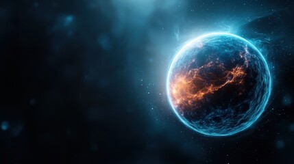 A vivid planetary sphere is highlighted with blue and orange colors, enveloped by a powerful energy arc, symbolizing cosmic power and futuristic vision.