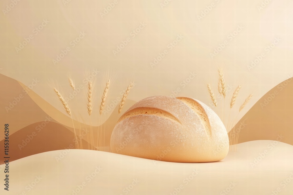 Aufkleber minimalist bread loaf with wheat grains positioned in a soft, sandy landscape inviting creative text
