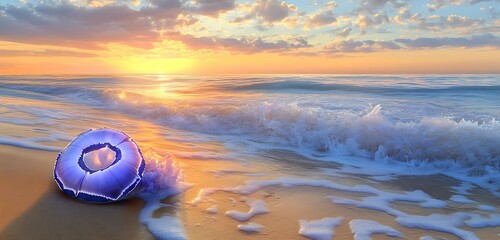 Golden sands with Portuguese Man O' War glowing in shades of lavender and soft blue waves gently rolling in under a warm sunset sky