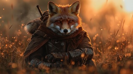 An artistic portrayal of a fox in intricate fantasy attire, surrounded by a golden-hued scenery, conveying themes of mystery, fantasy, and ethereal beauty.